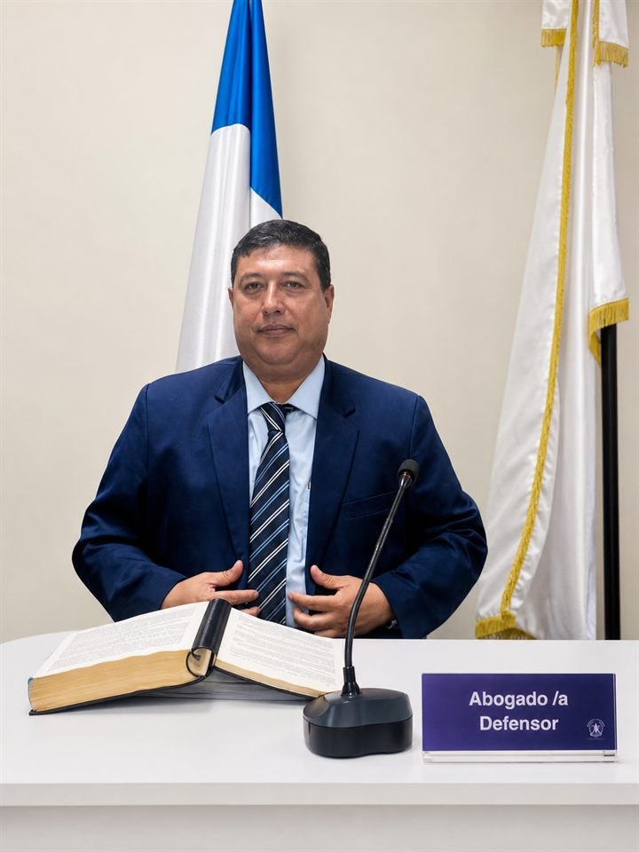 Mario René Natareno Soto explicando un asunto ante un micrófono, junto a un rótulo de abogado defensor.