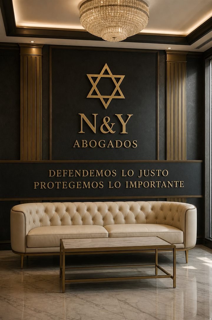 Recepcion del despacho con el emblema de N&Y Abogados en la pared y el lema «Defendemos lo justo, protegemos lo importante».
